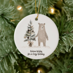 Rustic Woodland Bear with Christmas Tree Ceramic Ornament