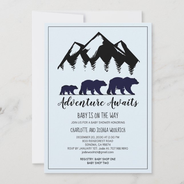 Rustic Woodland Bears Blue Boy Baby Shower (Front)