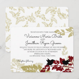 Rustic Woodland Birds Burgundy and Gold Wedding Invitation