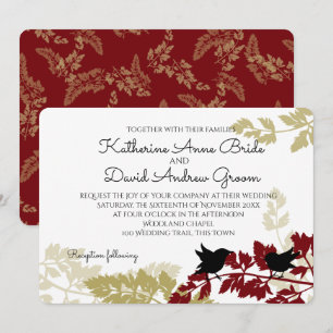 Rustic Woodland Birds Burgundy and Gold Wedding Invitation