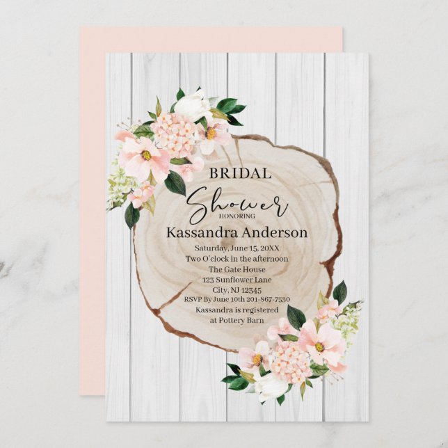 Rustic Woodland Blush Floral Bridal Shower Invitation (Front/Back)
