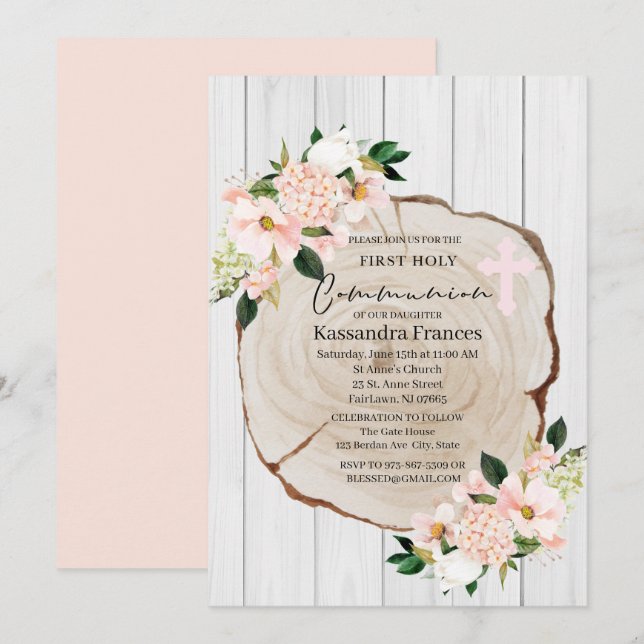 Rustic Woodland Blush Floral First Holy Communion Invitation (Front/Back)