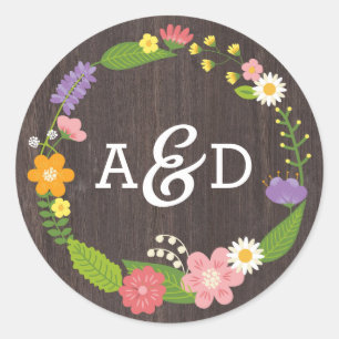 Rustic Woodland Bohemian Floral Wreath Wedding Classic Round Sticker