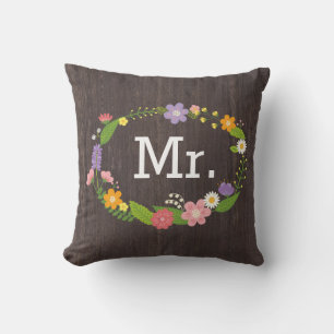 Rustic Woodland Bohemian Floral Wreath Wedding Throw Pillow