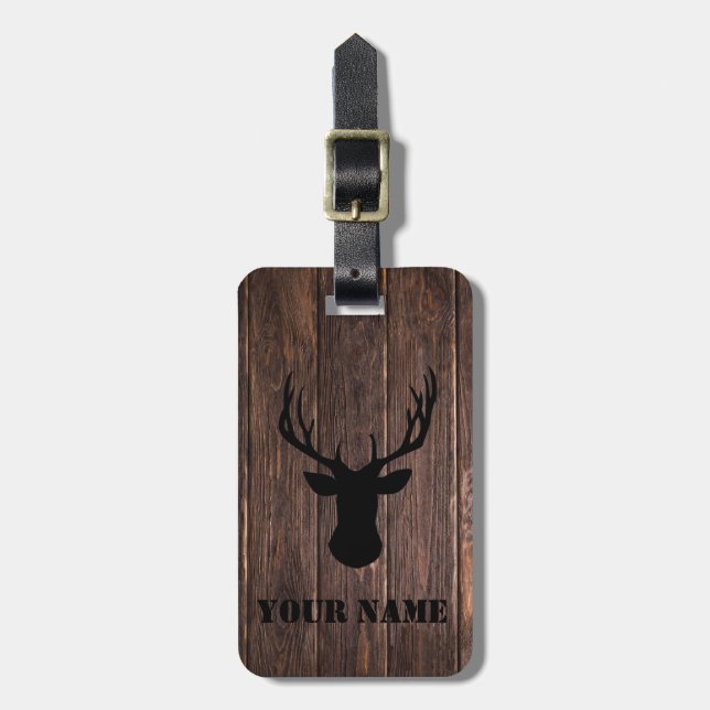 Rustic Woodland Buck Wood Pattern Name Luggage Tag (Front Vertical)