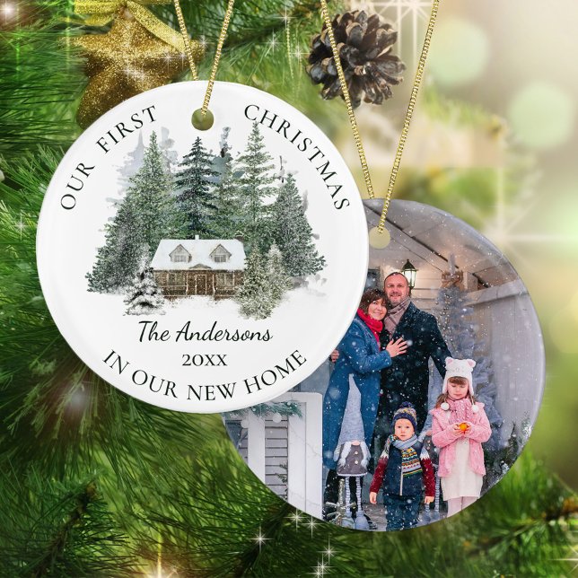 Rustic Woodland Cabin Christmas New Home Photo Ceramic Ornament (Creator Uploaded)