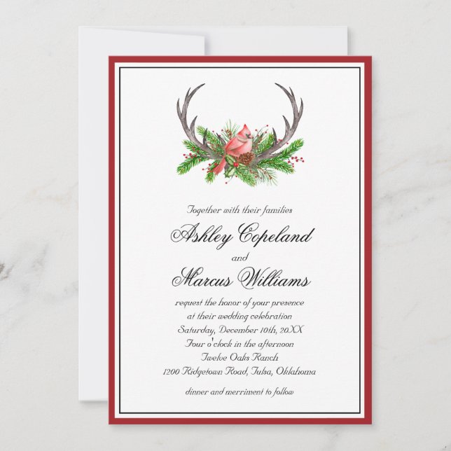Rustic Woodland Cardinal and Antlers Wedding Invitation (Front)
