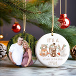 Rustic Woodland Christmas Baby Boy Announcement  Ceramic Ornament<br><div class="desc">Share your joy this holiday season with this rustic woodland Christmas baby boy announcement ornament featuring charming forest animals and cozy natural tones. A perfect keepsake to mark your little one’s first Christmas and announce his arrival to family and friends. Don’t forget to check out our other Christmas ornaments.</div>