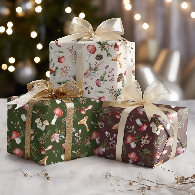 Rustic Woodland Christmas Winter Mushrooms Wrapping Paper Sheet (Creator Uploaded)