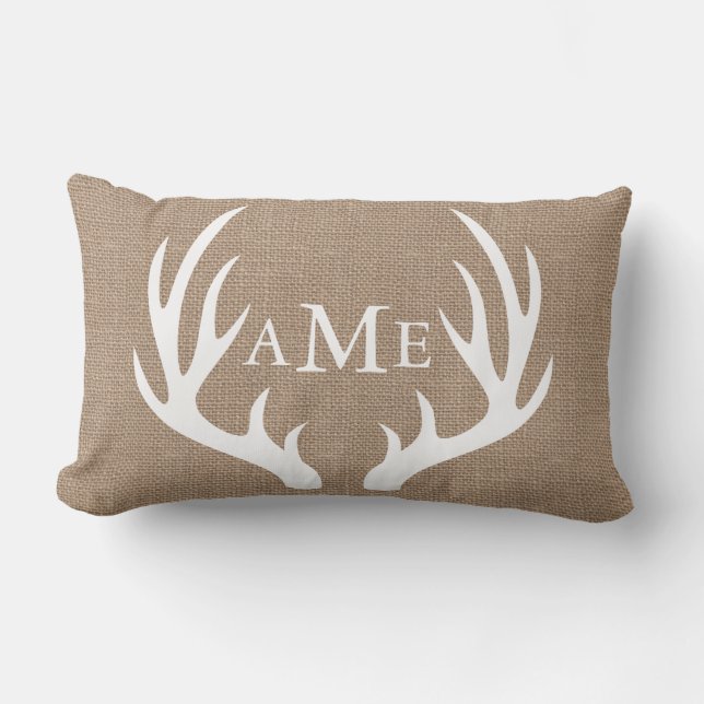 Rustic Woodland Country Deer Antler Faux Burlap Lumbar Pillow (Front)