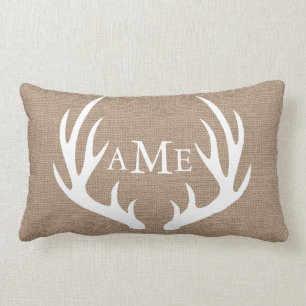 Rustic Woodland Country Deer Antler Faux Burlap Lumbar Pillow