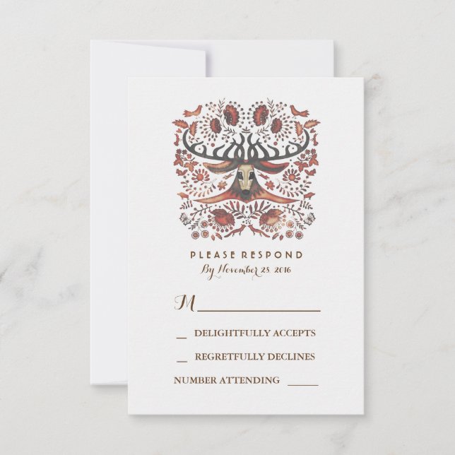 Rustic Woodland Deer Antlers Wedding RSVP Card (Front)