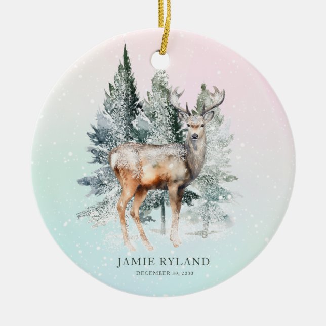 Rustic Woodland Deer Baby Photo Keepsake Ceramic Ornament (Front)