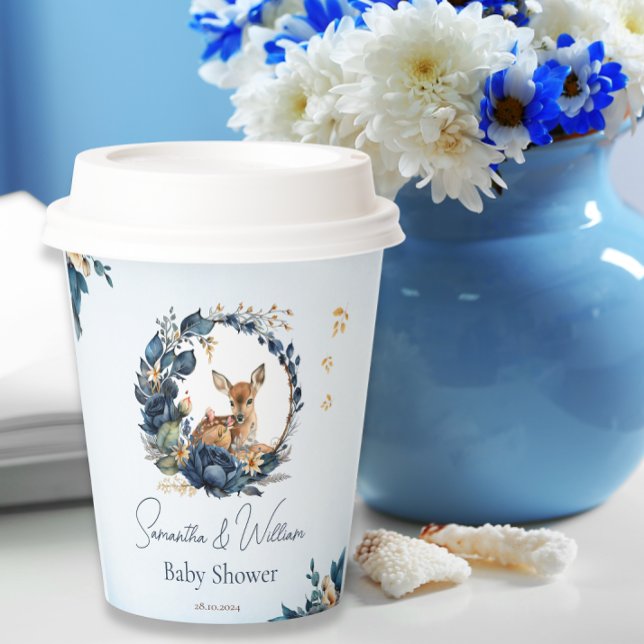 Rustic Woodland Deer Baby Shower Blue Floral Paper Cups (Creator Uploaded)