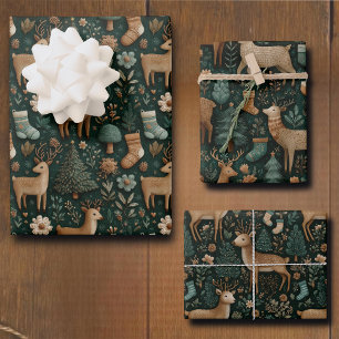 Rustic Woodland Deer & Christmas Pine Tree Wrapping Paper Sheet