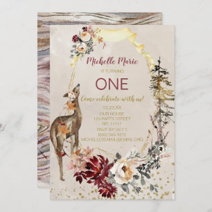 Rustic Woodland Deer Floral First Birthday Invitation