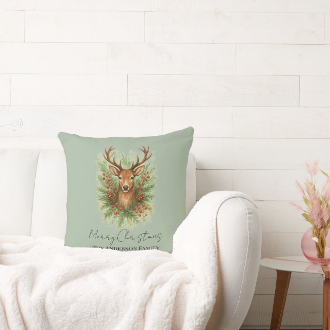 Rustic Woodland Deer Head with Winter Foliage -  Throw Pillow (Couch)