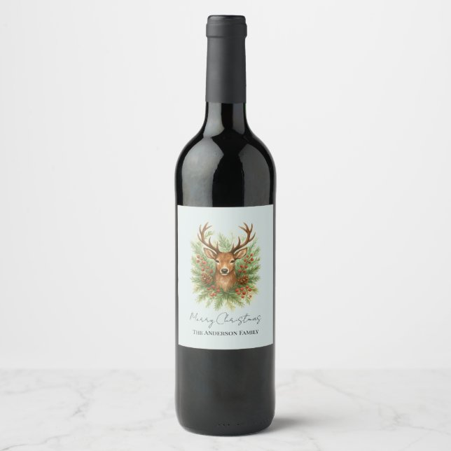Rustic Woodland Deer Head with Winter Foliage -  Wine Label (Front)