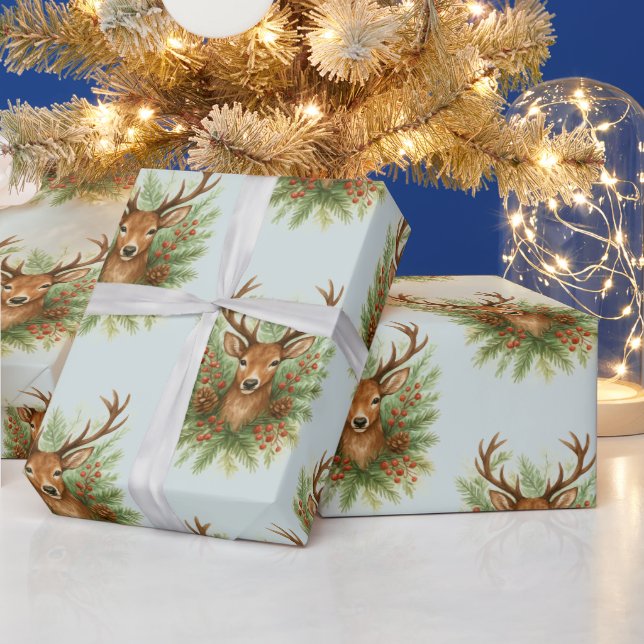 Rustic Woodland Deer Head with Winter Foliage -  Wrapping Paper (Holidays)