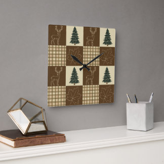 Rustic Woodland Deer Vintage Cabincore Forest Square Wall Clock