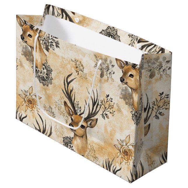 Rustic Woodland Fawn Pattern Large Gift Bag (Front Angled)