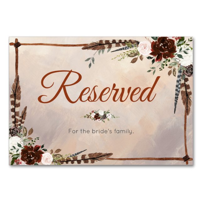 Rustic Woodland Feathers and Floral Bloom Table Number (Front)