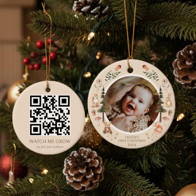 Rustic Woodland First Christmas Photo QR Code Ceramic Ornament (Creator Uploaded)