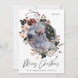 Rustic Woodland Floral with Photo Merry Christmas Holiday Card
