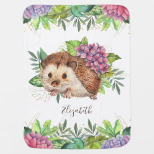 Rustic Woodland Forest Cute Floral Hedgehog Baby Blanket
