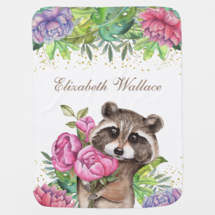 Rustic Woodland Forest Cute Floral Raccoon Baby Blanket