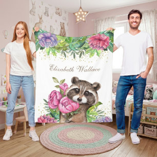 Rustic Woodland Forest Cute Floral Raccoon Fleece Blanket