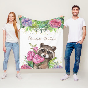 Rustic Woodland Forest Cute Floral Raccoon Fleece Blanket