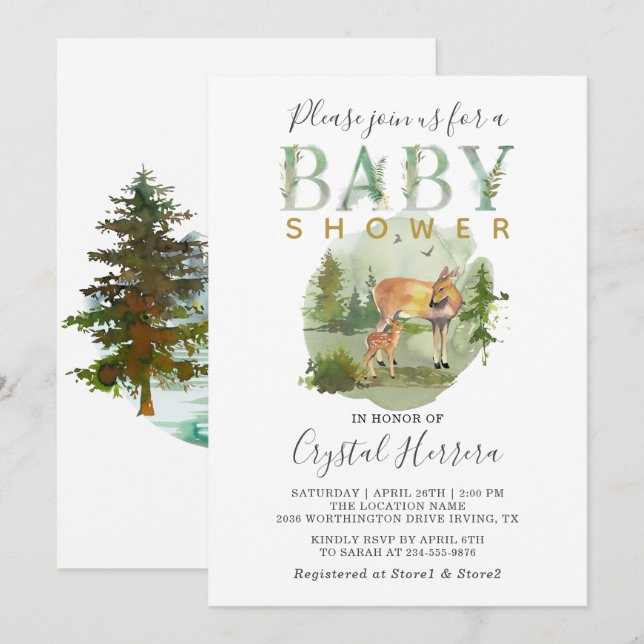 Rustic Woodland Forest Watercolor Deer Baby Shower Invitation (Front/Back)