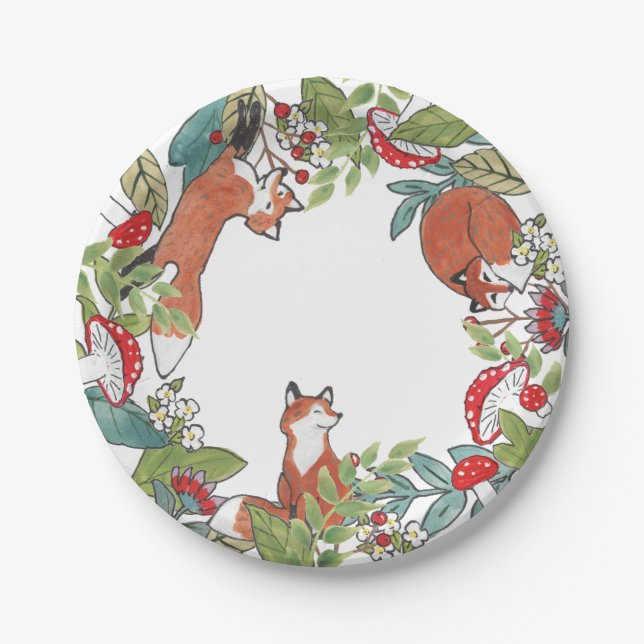 Rustic Woodland Fox Mushroom Berry Leaves Paper Plate (Front)