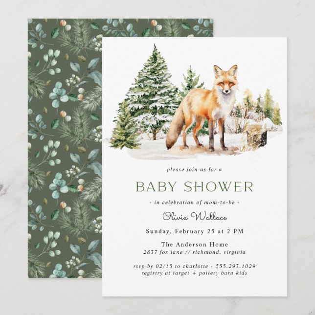 Rustic Woodland Fox | Winter Forest Baby Shower Invitation (Front/Back)
