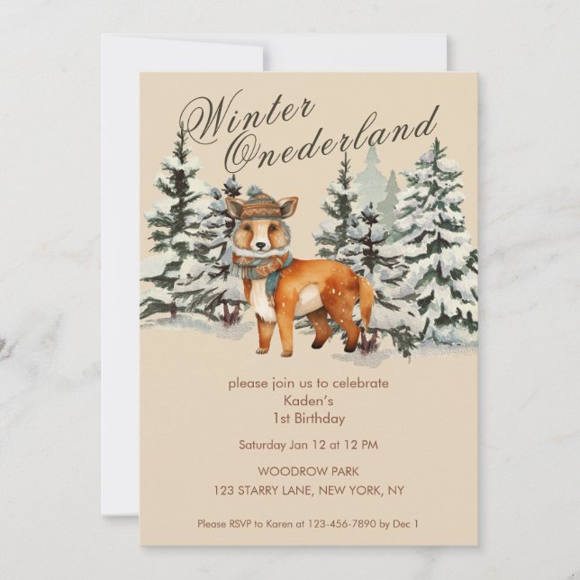 Rustic Woodland Fox Winter Onederland Invitation (Front)