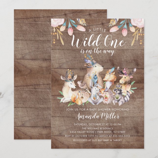 Rustic Woodland Friends Wild One Baby Shower Invitation (Front/Back)
