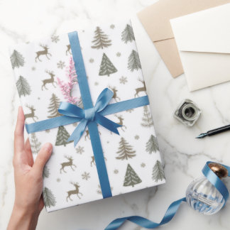Rustic Woodland Gold Accents with Reindeer & Trees Wrapping Paper
