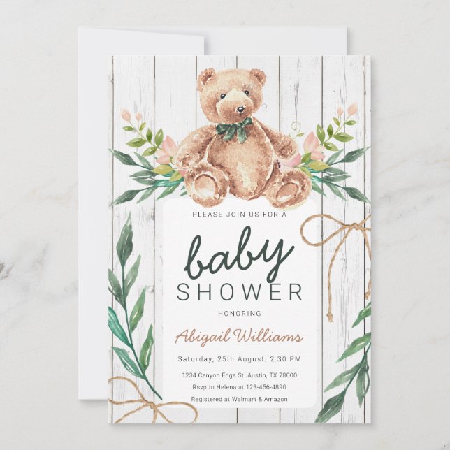 Rustic Woodland Green Teddy Bear Baby Shower Invitation (Front)