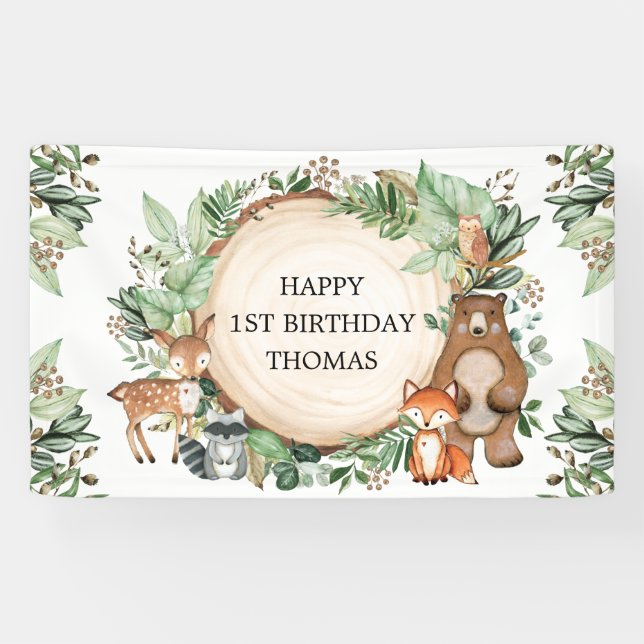 Rustic Woodland Greenery Animals Happy Birthday Banner (Horizontal)
