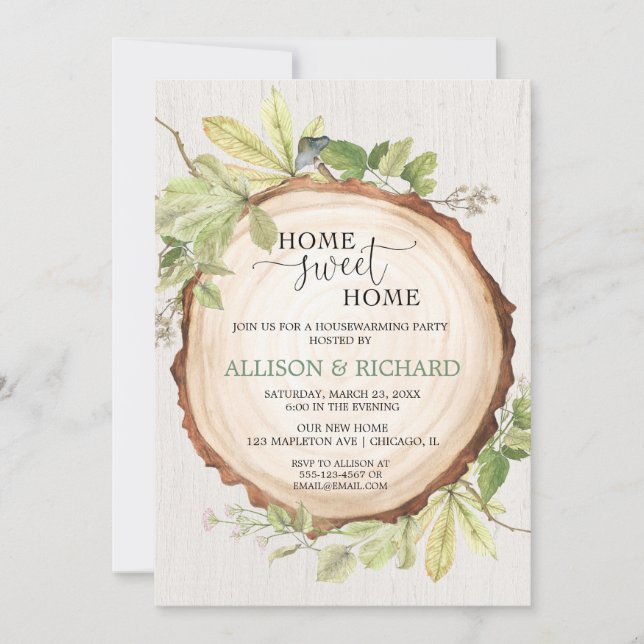 Rustic woodland greenery housewarming party invitation (Front)