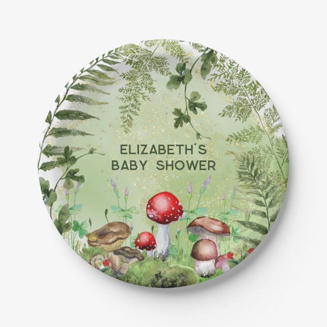 Rustic Woodland Greenery Mushrooms Fungi Ferns Paper Plate (Front)