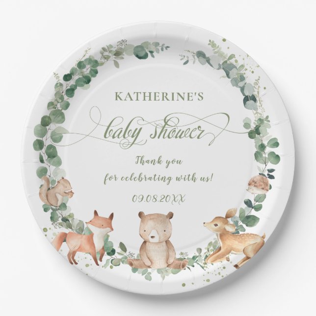 Rustic Woodland Greenery Neutral Baby Shower   Paper Plate (Front)