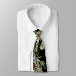 Rustic Woodland Greenery on Black Wedding Tie