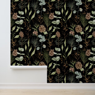 Rustic Woodland Greenery & Pinecones on Black Wallpaper