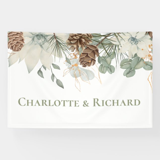 Rustic Woodland Greenery with Pinecones and Names Banner (Horizontal)
