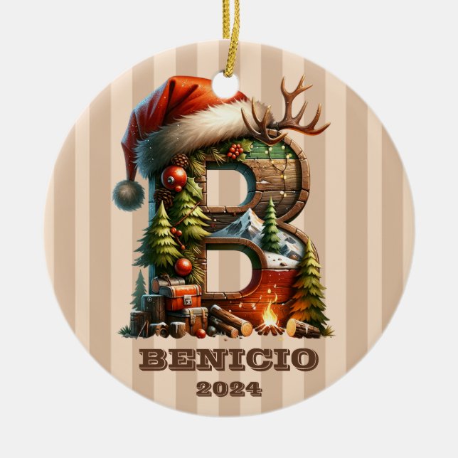 Rustic Woodland Letter B with Holiday Decor Ceramic Ornament (Front)