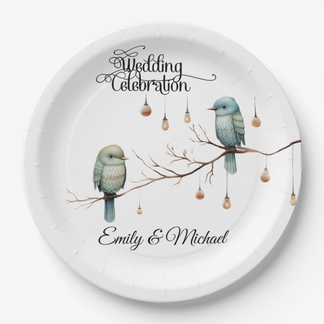 Rustic Woodland Love Birds  Romantic Wedding  Paper Plate (Front)