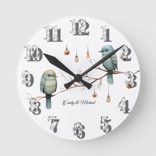 Rustic Woodland Love Birds  Romantic Wedding  Round Clock