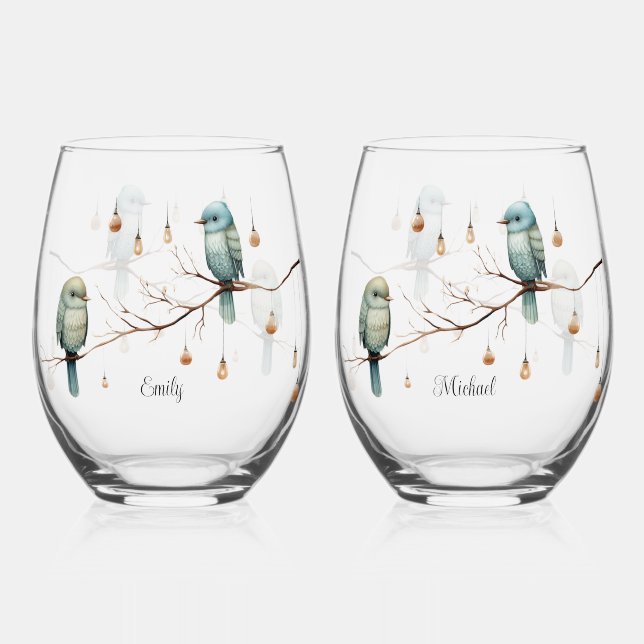 Rustic Woodland Love Birds  Romantic Wedding  Stemless Wine Glass (Front)